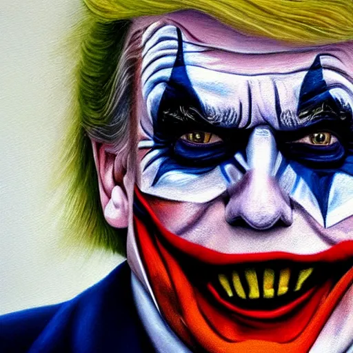 Image similar to donald trump with his face painted like the joker, oil painting, detailed, realistic,