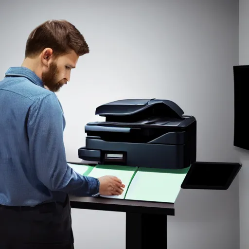 Prompt: a man staring at a printer, hyper realistic, very detailed.