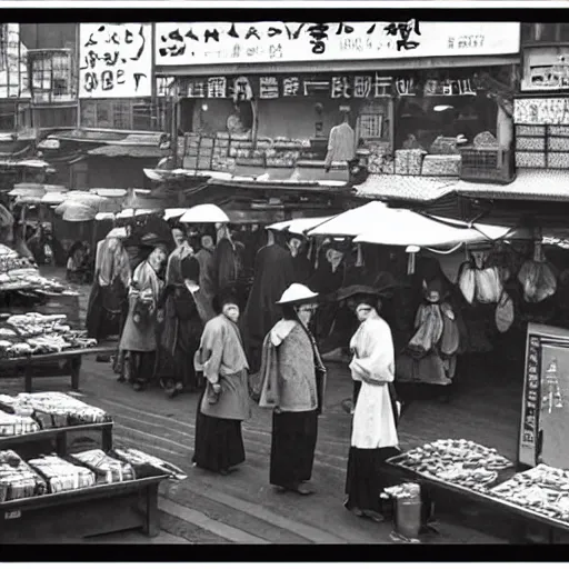 Prompt: “busy Tokyo market, 1900’s photo”