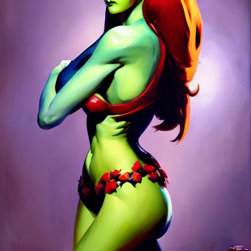 Image similar to Greg Manchess portrait painting of Poison Ivy as Overwatch character, medium shot, asymmetrical, profile picture, Organic Painting, sunny day, Matte Painting, bold shapes, hard edges, street art, trending on artstation, by Huang Guangjian and Gil Elvgren and Sachin Teng