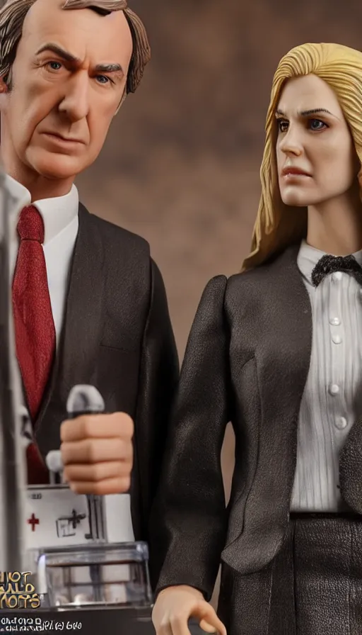 Image similar to hot toys figurine of kim wexler and saul goodman, realistic, up close image, 1 / 1 6 th scale, unopened, listing image, hd