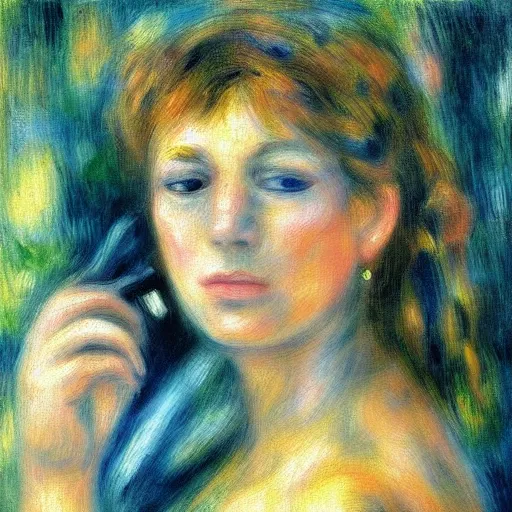 Prompt: renoir painting of a cyberpunk woman