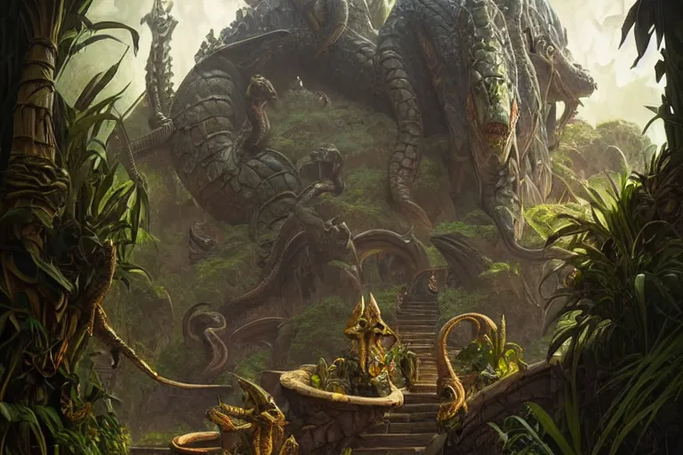 Image similar to path to the crocodile god lair, menacing statues of reptiles, deep focus, d & d, fantasy, intricate, elegant, highly detailed, digital painting, artstation, concept art, matte, sharp focus, illustration, hearthstone, art by artgerm and greg rutkowski and alphonse mucha