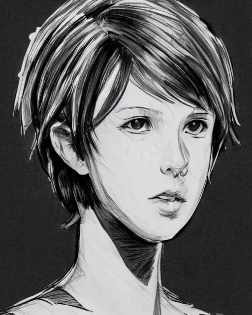 Image similar to pen sketch of worried millie bobby brown with short hair by yoji shinkawa