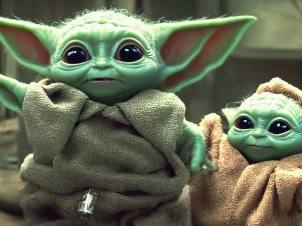 Prompt: cute baby yoda holding even cuter embryo yoda, movie still from guardians of the galaxy