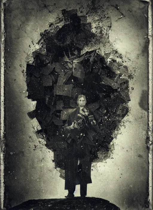 Image similar to old wetplate daguerreotype portrait explosion of data fragments, fractal, intricate, elegant, highly detailed, parallax, leica, medium format, subsurface scattering, by jheronimus bosch and greg rutkowski and louis jacques mande daguerre