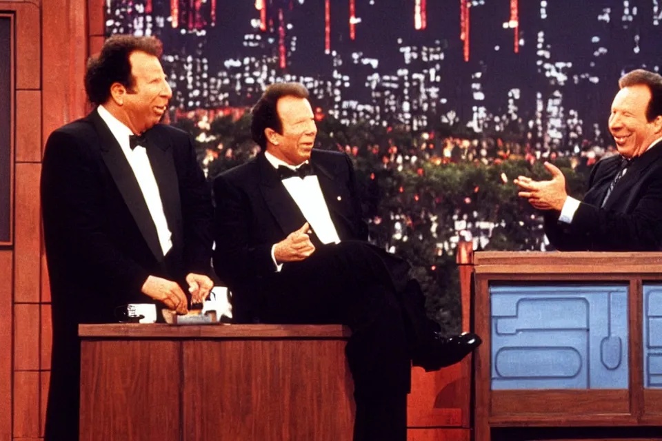 Prompt: still image of darth vader as host of the late night show interviewing gary shandling in 1 9 9 3, vhs tape recording, old footage