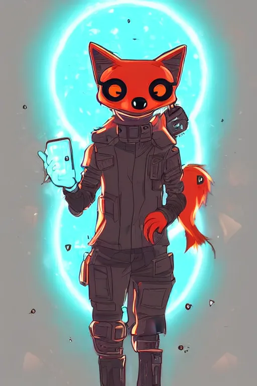 Image similar to a cute cyberpunk anthropomorphic fox with a fluffy tail, comic art, trending on furaffinity, cartoon, kawaii, backlighting, furry art!!!, warm light, concept art, glitch art