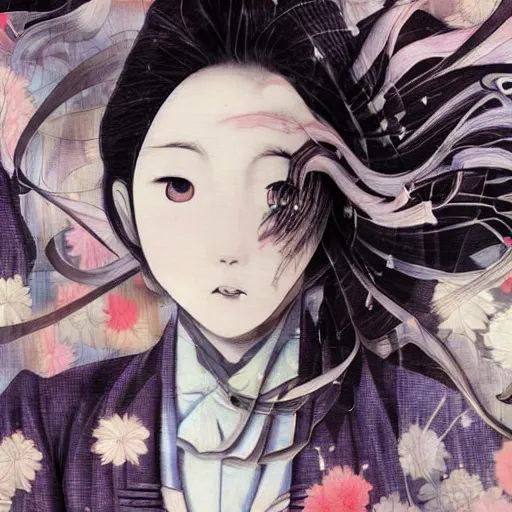 Image similar to yoshitaka amano blurred and dreamy realistic illustration of a young japanese woman in anime style with black eyes, wavy white hair fluttering in the wind wearing dress suit with tie, junji ito abstract patterns in the background, satoshi kon anime, noisy film grain effect, highly detailed, renaissance oil painting, weird portrait angle, blurred lost edges, three quarter view