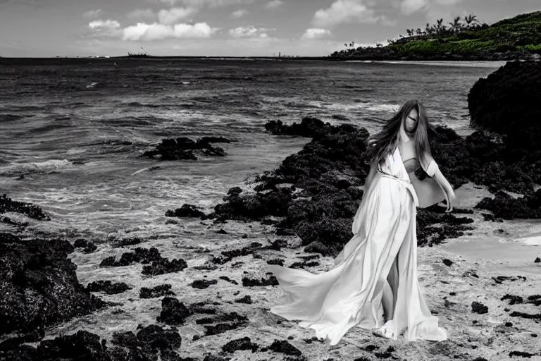 Prompt: cinematography model photo shoot in Hawaii by Emmanuel Lubezki