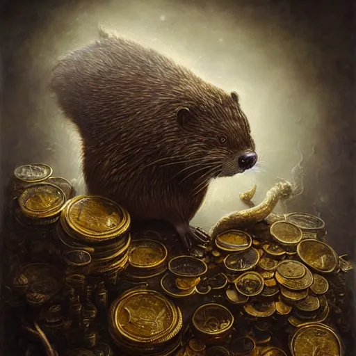 Image similar to a beautiful detailed 3d matte portrait of a alchemist beaver, by ellen jewett, by tomasz alen kopera, by Justin Gerard, ominous, magical realism, texture, intricate, skull, skeleton, gold coins, money, whirling smoke, alchemist bottles, radiant colors, fantasy, volumetric lighting, high details