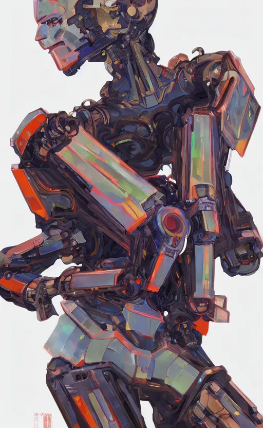 Prompt: upper half portrait of colourful army mecha robot, art by hsiao - ron cheng & alphonse mucha, highly detailed, digital painting, concept art, illustration, smooth sharp focus, intricate, symmetry, blcak background, black backdrop, png, artstation,