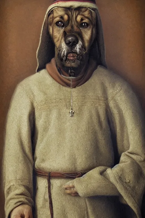 Prompt: Slavic dog head man, woolen torso in medieval clothes, Saint Christopher, oil painting, hyperrealism, beautiful, high resolution, trending on artstation,