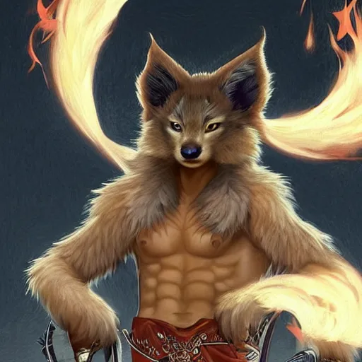 Image similar to male kitsune furry with dark fur, carries a tome, surrounded by floating fire orbs, shortsword, charismatic, young, dark clothing, elegant, digital illustration, detailed, intricate, sharp focus, digital painting, deep focus, digital painting, artstation, concept art, matte, art by artgerm and greg rutkowski and alphonse mucha