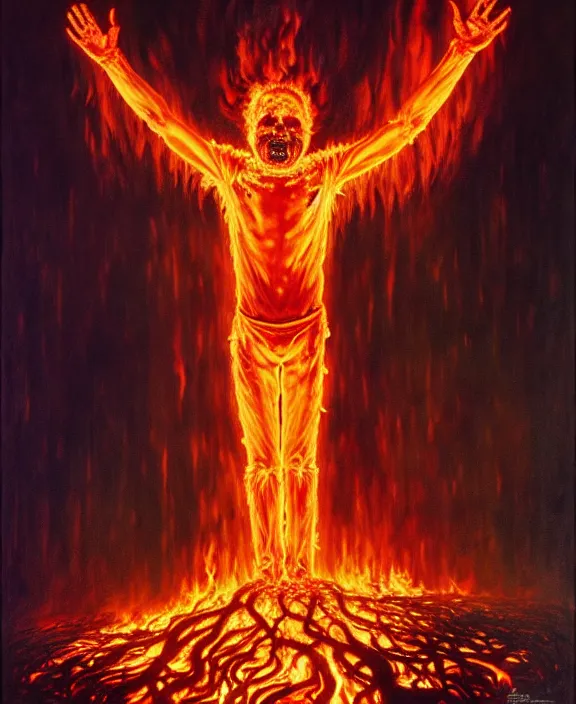 Prompt: a burning suffering man completely consisting of fire, hovering above the ground. no facial features can be seen. fullbody highly detailed portrait, concept art, masterpiece, cinematic, flames, fantasy art, hyperdetailed, hyperrealism, art by hildebrandt, donato giancola, larry elmore, beksinski