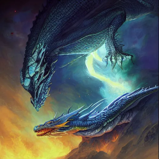 Image similar to Blue scaled dragon, European dragon, devouring an earth like planet in space, sun system, nebula, oil painting, by Fernanda Suarez and Edgar Maxence and Greg Rutkowski