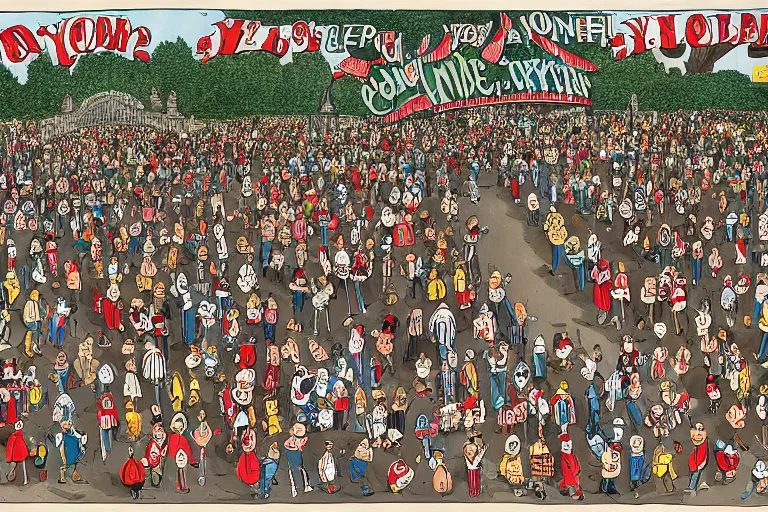 Prompt: an elaborate penned illustration of a convention of waldo's in nee york city and central park, where's wally, where's waldo, by martin hand ford and by jan van haasteren