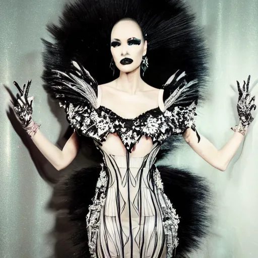 Image similar to a stunning photo of a beautiful female model wearing avant garde dress by rocky gathercole, high fashion, glamour pose, fashion photography, couture, intrinsic design, hyperrealistic