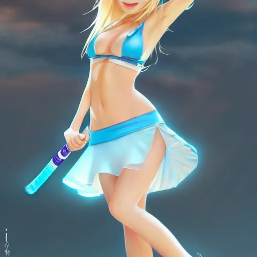 Image similar to full body shot : a very beautiful young blond tennis anime girl, most popular girl sky blue eyes,, bikini, miniskirt, highly detailed, cinematic wallpaper by stanley artgerm lau