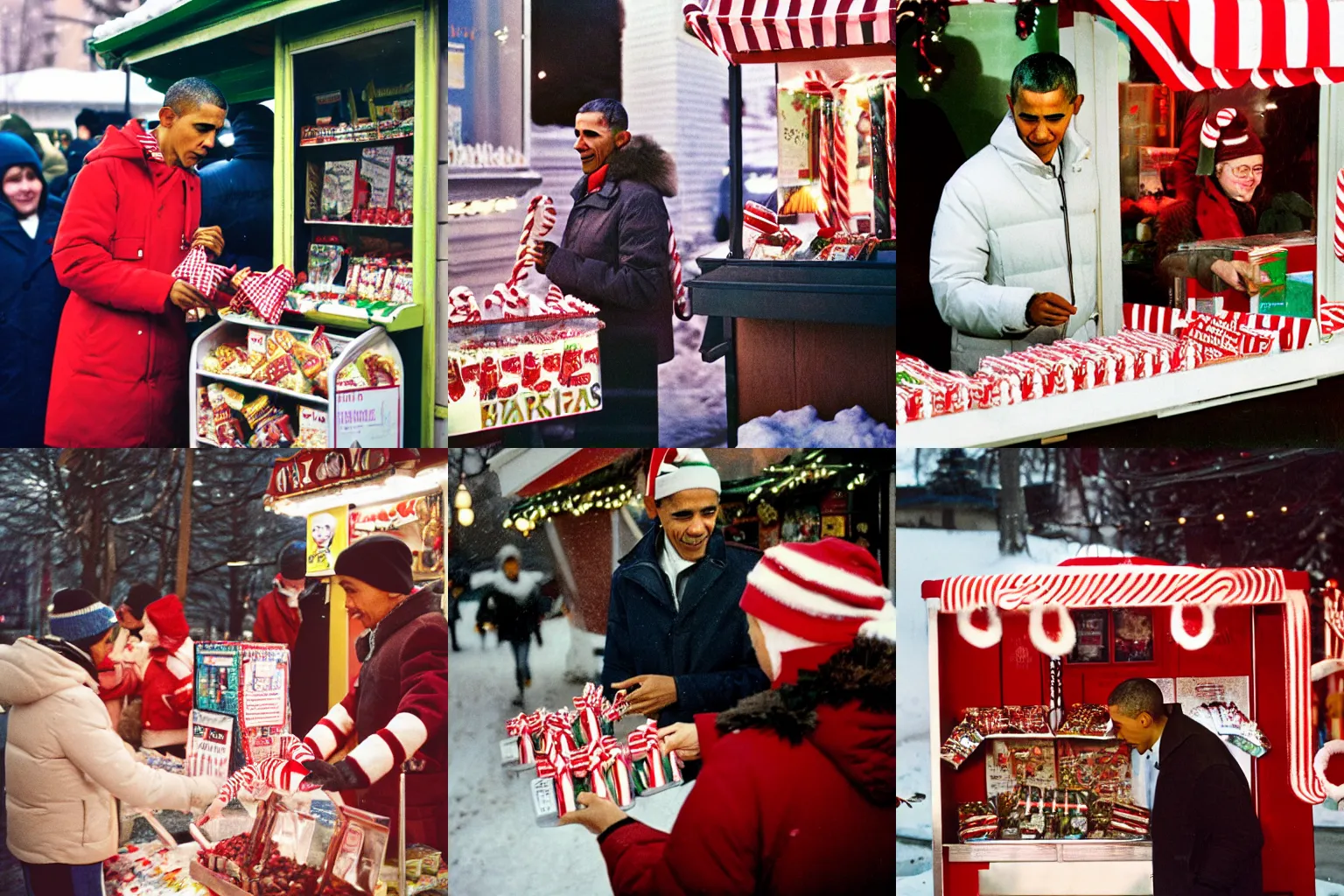 Prompt: photograph of barack obama selling candy canes at a small kiosk in Kiev in winter, portra 800