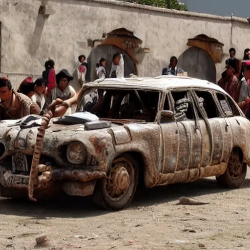 Prompt: scene from a 2 0 1 0 film set in 1 4 th century tenochtitlan showing a car