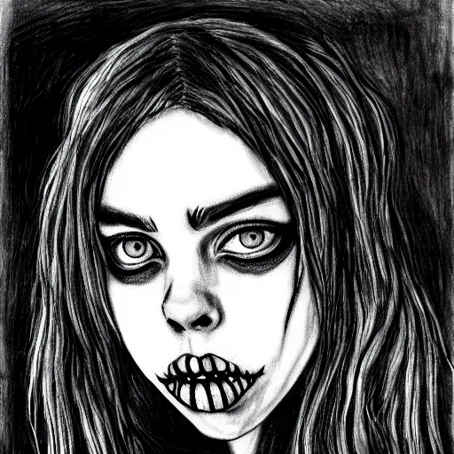 Image similar to grunge drawing of billie eilish in the style of jack skellington