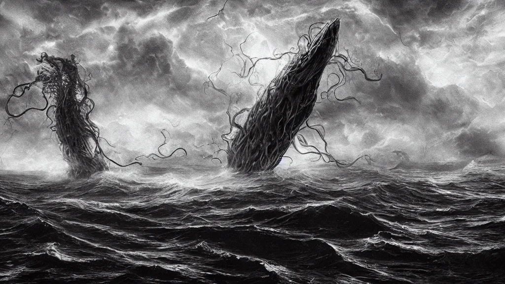 Image similar to giant Lovecraftian creature with large tentacles rising up from the ocean attacking a schooner, storm is raging, horror, creepy, unsettling, dark, eldritch, strange, photo realistic, stunning atmosphere, cinematic lighting, 4K, DSLR, filmic, HDR, hyperrealism, Unreal Engine, volumetric lighting, Darkart