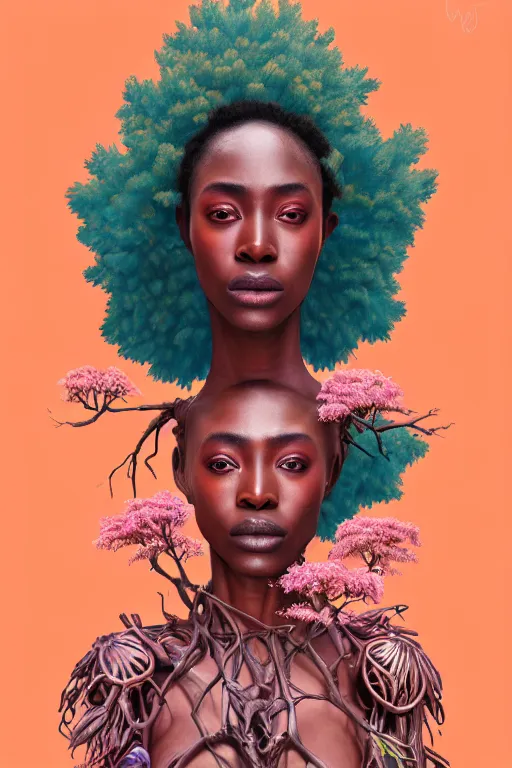 Image similar to hyperrealistic post - renaissance cinematic super expressive! yoruba goddess with exoskeleton armor, merging with tree in a forest, pink orange flowers, highly detailed digital art masterpiece, smooth cam de leon eric zener dramatic pearlescent soft teal light, ground angle hd 8 k, sharp focus