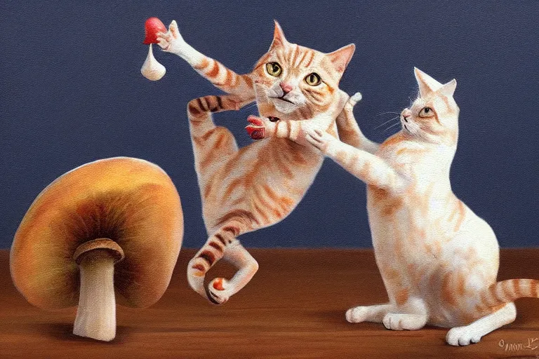 Image similar to a high detail paint of Two cats dancing with a mushroom, in simple background, concept art, mad painting