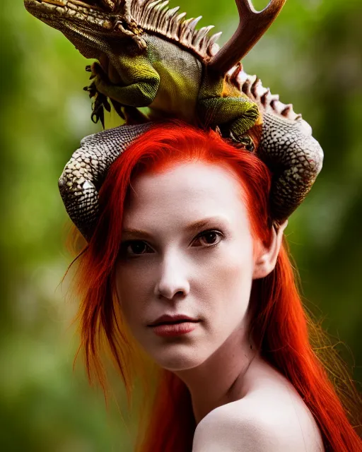 Image similar to 5 5 mm portrait photo of an armored redhead woman with antlers on her head and a an iguana on her shoulder, by luis royo. highly detailed 8 k. intricate. lifelike. soft light. nikon d 8 5 0. cinematic post - processing