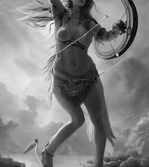 Image similar to beautiful young aphrodite goddess as an archer warrior, realistic face, beautiful eyes, black and white drawing, in the style of greg rutkowski, fantasy, amazing detail, epic, intricate, elegant, smooth, sharp focus