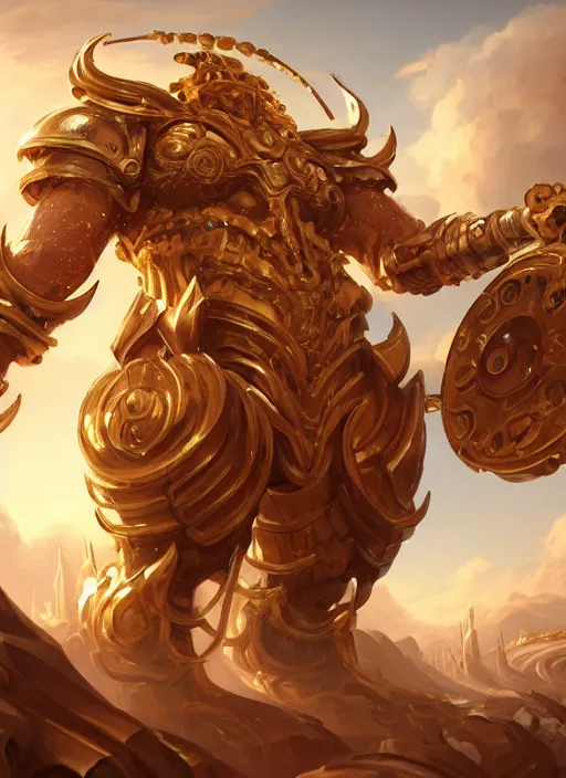 Image similar to a highly detailed illustration of gentle colossal golden horned greek mechanical giant, with cute doting eyes, intricate, elegant, highly detailed, centered, digital painting, artstation, concept art, smooth, sharp focus, league of legends concept art, wlop.