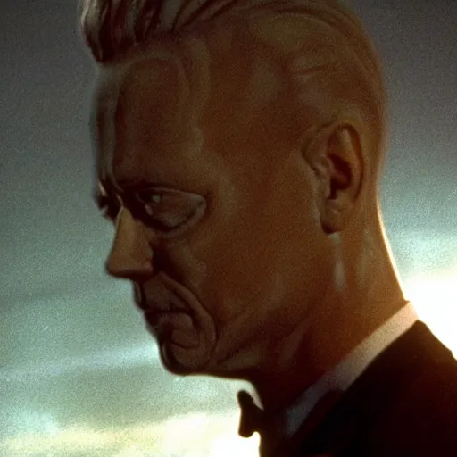 Image similar to movie scene of a man with a robot head, movie still, cinematic composition, cinematic lightning, Movie by David Lynch and Andrzej Żuławski