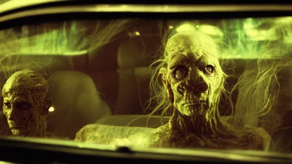 Image similar to the creature sits in a car, made of glowing wax, they stare at me, film still from the movie directed by denis villeneuve and david cronenberg with art direction by salvador dali, wide lens