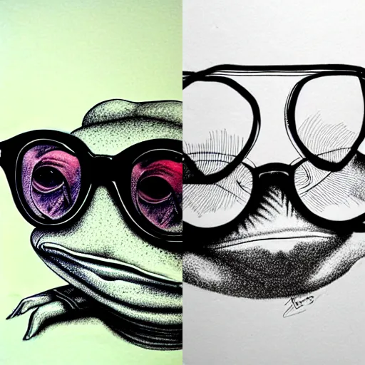 Prompt: portrait frog in sunglasses, realistic, ink, line drawing, sketch, fineart