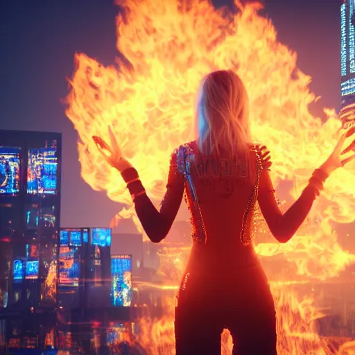 Image similar to young blonde woman from behind with flames dancing on her hands with a long jacket in a cyberpunk city, realistic, high definition, 4K, shimmering color, art of unreal engine 5