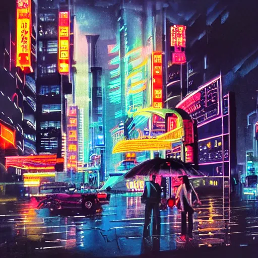 Prompt: futuristic Sci-fi cyberpunk neo-Tokyo at night in the rain. Neon lights and signs. Flying cars. Watercolour