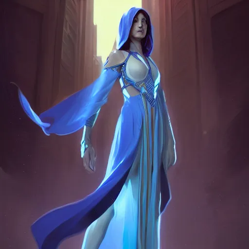 Prompt: full body portrait, young and beautiful female high wizard in blue robes, dramatic lighting, cinematic, establishing shot, extremely high detail, photo realistic, cinematic lighting, post processed, concept art, artstation, matte painting, style by eddie mendoza, raphael lacoste, alex ross, greg rutkowski