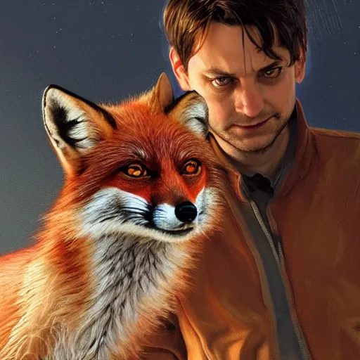 Image similar to tobey maguire and a red fox, intricate, highly detailed, digital painting, artstation, concept art, smooth, sharp focus, illustration, unreal engine 5, 8 k, art by artgerm and greg rutkowski and alphonse mucha