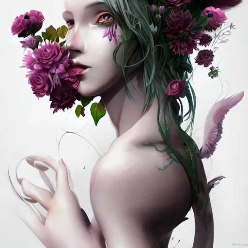 Image similar to Portrait of a dark fantasy nymph, flowers and plants surrounding, stunning, concept art, artstation, dramatic lighting, minimalism