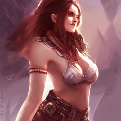 Image similar to very beautiful female barbarian, smiling, flirty, eye contact, perfect face, perfect body, drawn by charlie bowater