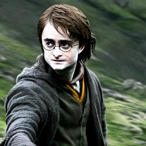 Prompt: daniel radcliffe as harry potter walking, in orodruin from lord of the rings