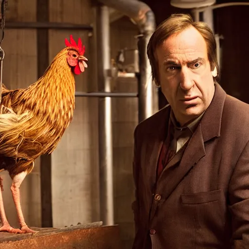 Image similar to saul goodman and a rooster in a saw movie torture chamber, scary torture devices in the background, saul goodman, rooster, photo