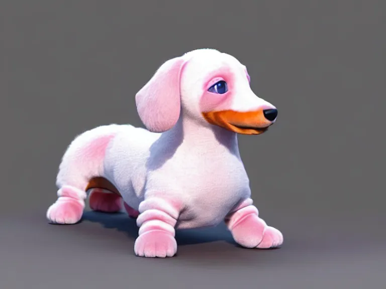 Image similar to high quality 3 d render hyperrealist very cute multipastel very fluffy smooth dachshund plush mascot, photo from the side, vray, smooth in the background, artstation, ultra detailed, octane render