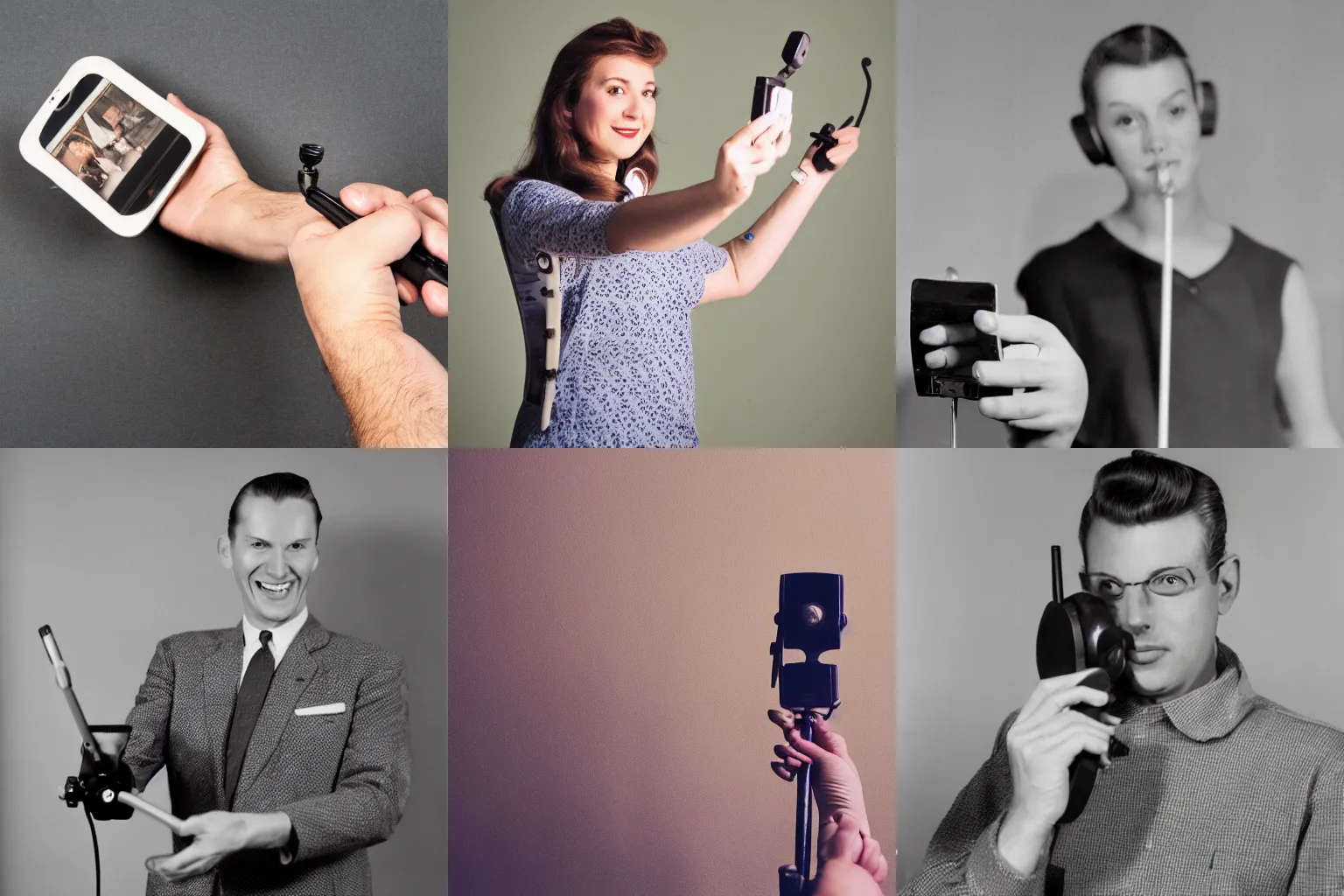 Prompt: A person holding a selfie stick with an old 1950s rotary dial phone attached to the far end of the stick, studio photograph