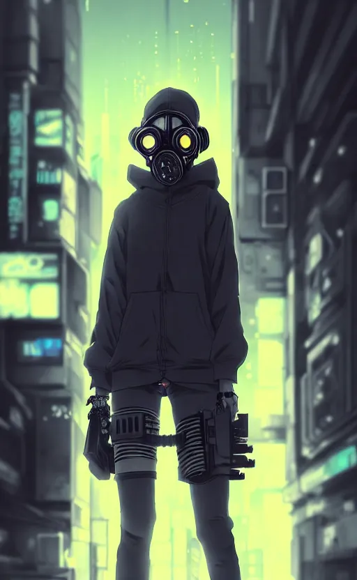 Image similar to cyberpunk anime girl in hoodie, cyberpunk gas mask, 3 / 4 shot, street night, grafity, beautiful face, grafity, arcane, action, tokyo street, detail, good face, pose model, concept art, in style of yoji shinkawa, pan ren wei, col price, atey ghailan, by greg rutkowski, aesthetic