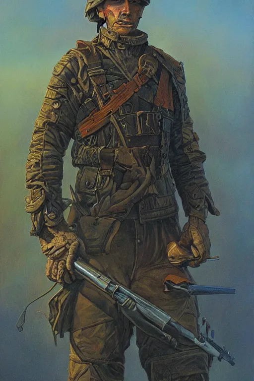 Prompt: Portrait of a soldier, illustration by Michael Whelan, fantasy art, visionary art, acrylic painting, smooth blending