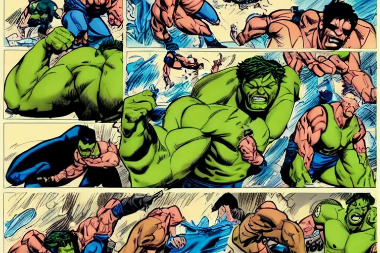 Image similar to hulking out, hulkout, turning into the hulk, comic sequence, sequential art, dynamic posing, cinematic, action, motion