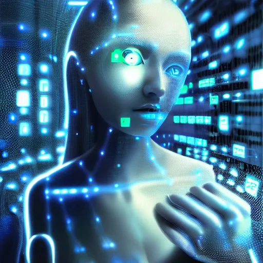 Image similar to artificial intelligence, server in the middle, deep view, heavy blue led lights, wires connected, award winning photography, extremely detailed, artstation, 8 k, sensual lighting, incredible art, wlop, artgerm