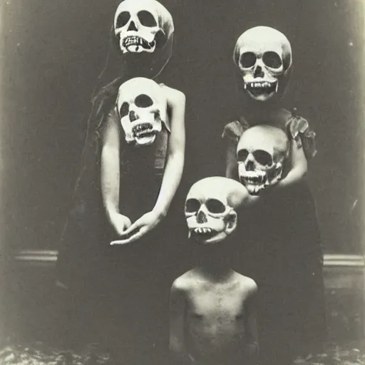 Image similar to portrait of children wearing skull masks, photograph, style of atget, 1 9 1 0, creepy, dark